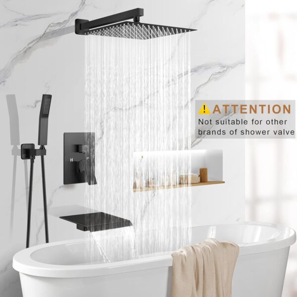 10 Inch Shower System with Tub Spout, 3 Function Matte Black Bathtub Shower Faucet Set, Wall Mounted Bathroom High Pressure Rain Shower Head with Handheld Sprayer Rough in Valve Body and Trim