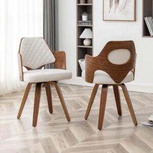 Walnut Dining Chairs Set of 2,Beige Kitchen Chair Fabric,Wooden Mid Century Modern Dining Chairs,Swivel Bentwood Chair with Arms for Dining Room