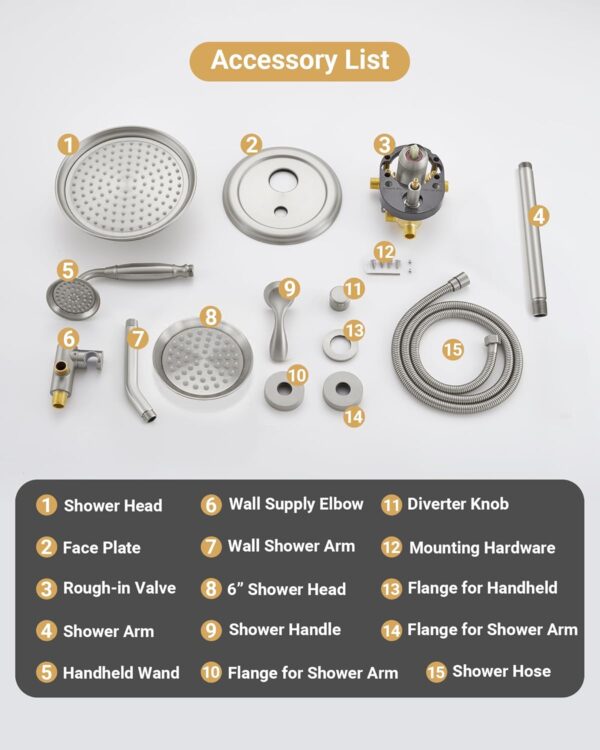 DASAN Antique Dual Shower Head Faucet Set, Brushed Nickel Dual Rain Shower Head System Complete Double Head Shower Fixture Combo, 9'' & 6'' Dual Rainfall Overhead Shower with Handheld, Valve & Trim