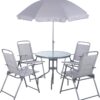 715gWSvIDML._AC_SL1500_.jpg Shintenchi 6 Piece Patio Dining Set with Umbrella, Outdoor Furniture Set with 4 Folding Chairs and Tempered Glass Top Dining Table fot Lawn Backyard Garden Porch Silver