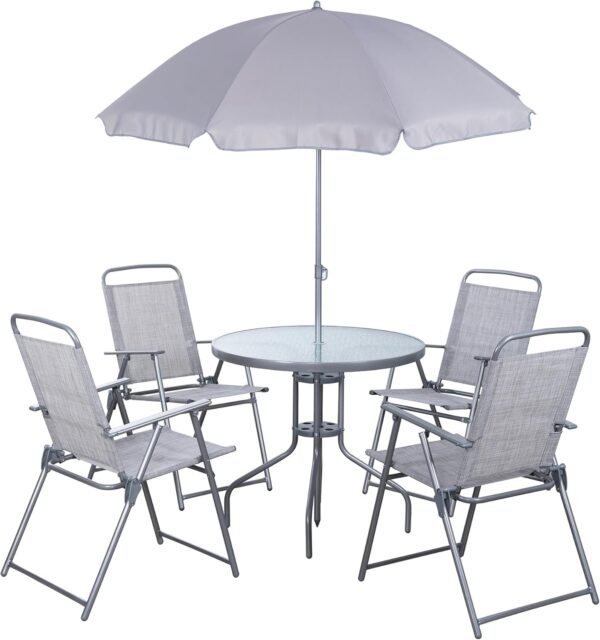 715gWSvIDML._AC_SL1500_.jpg Shintenchi 6 Piece Patio Dining Set with Umbrella, Outdoor Furniture Set with 4 Folding Chairs and Tempered Glass Top Dining Table fot Lawn Backyard Garden Porch Silver