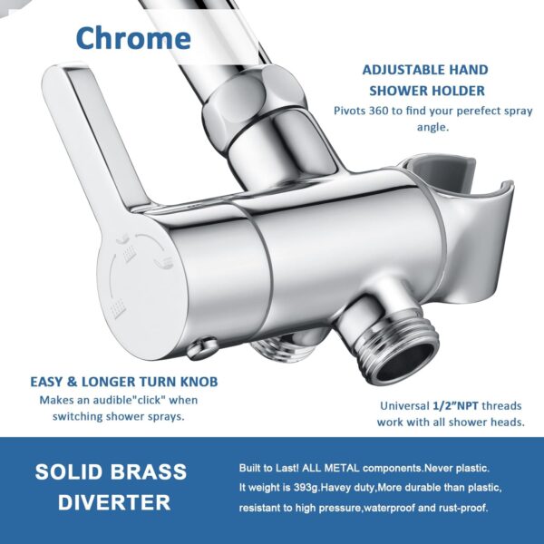 High Pressure All Metal 3 Way Shower Diverter Valve with Hand Shower Holder, G1/2 Shower Head Splitter, Shower Arm Diverter, Bathroom Universal Shower System Replacement Part (Chrome)