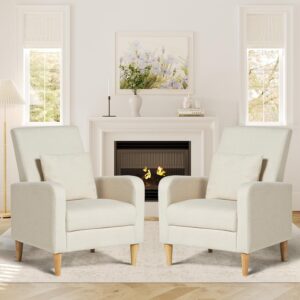 COLAMY Fabric Accent Living Room Chairs Set of 2, Upholstered Arm Chair Reading Side Chair, Single Sofa with Back Pillow and Wood Legs, Beige