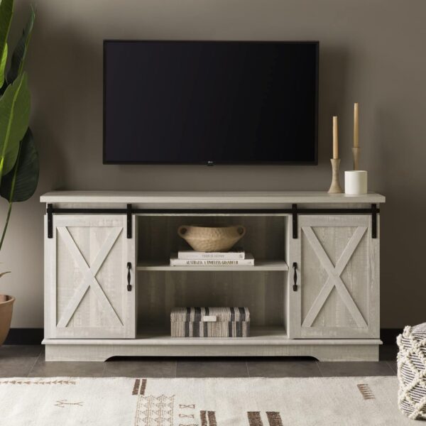 Walker Edison Richmond Modern Farmhouse Sliding Barn Door TV Stand for TVs up to 65 Inches, 58 Inch, Stone Grey
