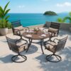 MELLCOM 5-Piece Outdoor Dining Set, 4 Swivel Rocker Chairs with Thick Cushions & Pillows, Round Dining Table with Umbrella Hole, Patio Furniture Set for Porch, Garden, Backyard, Poolside, Deck, Khaki