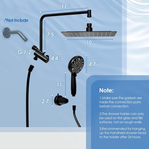 Alesco 10" Shower Heads with Handheld Spray Combo, 12" Extend Shower Arm with 3-Way Diverter Valve, 7-Setting Handheld Spray and High-Pressure Showerhead, Dual Showerheads Set, Matte Black