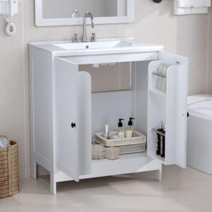 VINGLI Bathroom Vanity with Ceramic Sink, 30 Inch White Bathroom Sink Cabinet Combo, Restroom Basin Cabinet with 2 Doors,Modern Lavatory Laundry Room Freestanding Organizer w/4-Tier-Hidden Storage