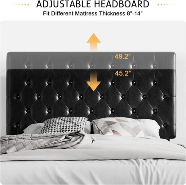 SHA CERLIN Queen Size Platform Bed Frame with Button Tufted Headboard, Faux Leather Upholstered Mattress Foundation, Wooden Slat Support, No Box Spring Needed, Black