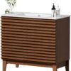 APRILSOUL 36" Bathroom Vanity with Ceramic Sink, Mid-Century Bathroom Vanity Cabinet with 2 Soft Closing Doors, Freestanding Bathroom Cabinet, Particleboard Frame with Wood Grain Laminate, Walnut