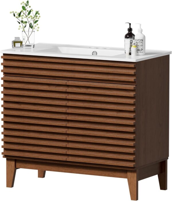 APRILSOUL 36" Bathroom Vanity with Ceramic Sink, Mid-Century Bathroom Vanity Cabinet with 2 Soft Closing Doors, Freestanding Bathroom Cabinet, Particleboard Frame with Wood Grain Laminate, Walnut