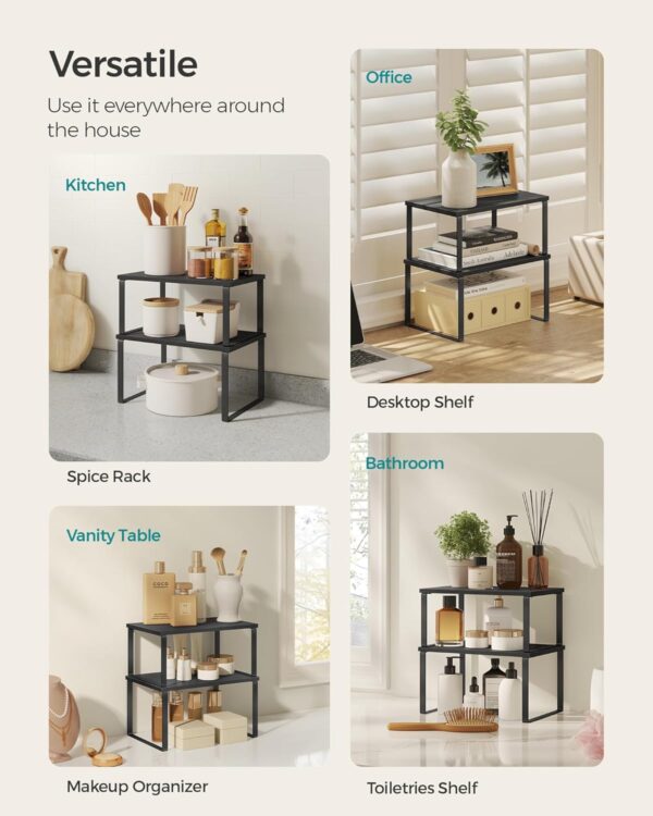 SONGMICS Cabinet Organizer Shelf, Set of 2 Kitchen Counter Shelves, Kitchen Storage, Spice Rack, Stackable, Expandable, Metal and Engineered Wood, Ink Black and Ebony Black UKCS02B01