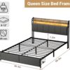 LED Queen Bed Frame with Storage and Headboard, USB & AC Outlet Charging Station, Queen Size Platform Bed with RGB LED Lights, Upholstered Fabirc Headboard, No Box Spring Needed, Grey