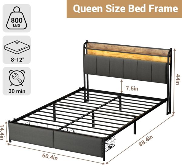 LED Queen Bed Frame with Storage and Headboard, USB & AC Outlet Charging Station, Queen Size Platform Bed with RGB LED Lights, Upholstered Fabirc Headboard, No Box Spring Needed, Grey