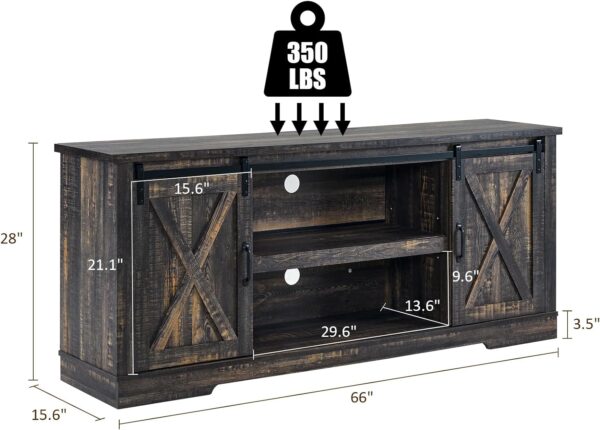 AMERLIFE 66" Farmhouse TV Stand for 75 Inches TVs, Entertainment Center with Sliding Barn Door and Adjustable Shelf & Feet, Console Table with Storage, Dark Rustic Oak