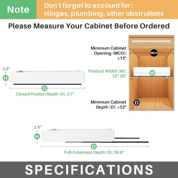 Pull out Cabinet Organizer, Expandable(12"-20") Heavy Duty Slide out Drawers Fixed with Adhesive Nano Film for Pots, Roll out Shelf Storage for Kitchen Base Cabinet Organization(White)