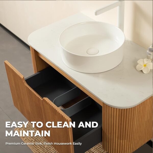 24 Inch Floating Bathroom Vanity with Sink, Modern Wall Mounted Bathroom Storage Cabinet with Drawer, Round White Ceramic Sink Top and Marble Texture Top, Natural Wood