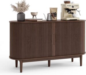 LINSY HOME Sideboard Buffet Cabinet with Storage, 55" Fluted Coffee Bar Cabinet with Tambour Sliding Doors and Drawer, Mid Century Modern Wood Storage Buffet Table for Kitchen, Living Room, Walnut
