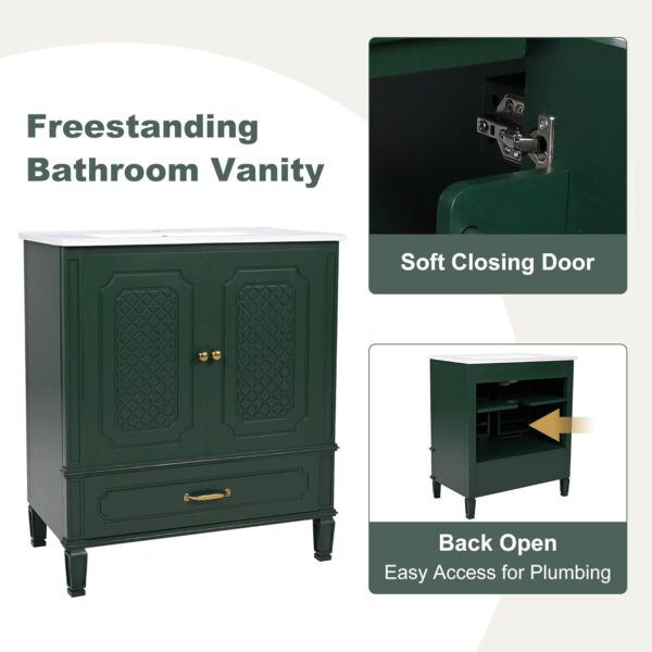 Linique 30" Bathroom Vanity with Sink Combo Set, Solid Wood Frame Modern Bathroom Storage Cabinet with a Large Drawer, a Adjustable Shelf and 2 Soft Closing Cabinet Doors with Organizer, Green