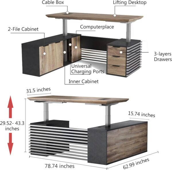 78.74IN Adjustable Heigh L Shaped Executive Desk with Drawers, Modern Executive Standing Home Office Desk w/Universal Charging Ports, Large Business Workstation, Black and Warm Oak