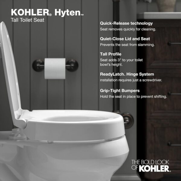 717JtYxE02L._AC_SL1500_.jpg KOHLER 25876-0 Hyten Elevated Quiet-Close Round Toilet Seat, Contoured Seat with Grip-Tight Bumpers, Quick-Attach Hardware, White