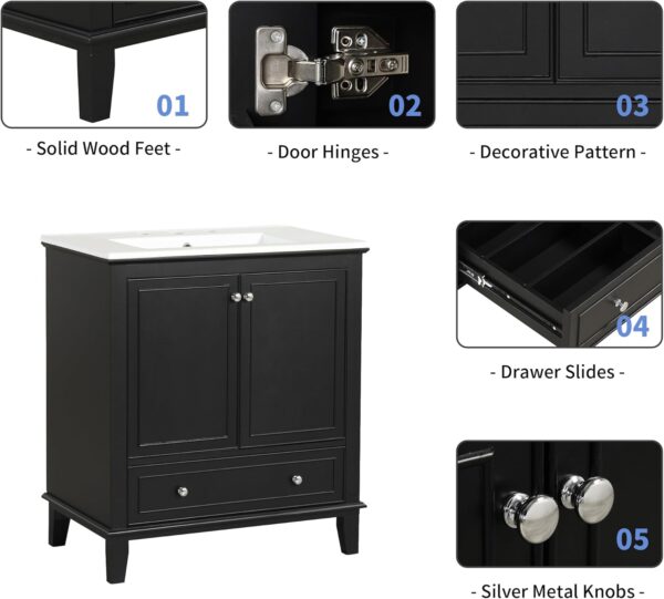 Linique 30" Modern Bathroom Vanity with Sink Combo Set, Solid Wood Frame Multi-Functional Bathroom Storage Cabinet with 2 Soft Closing Doors and a Drawer, Adjustable Shelf, Black