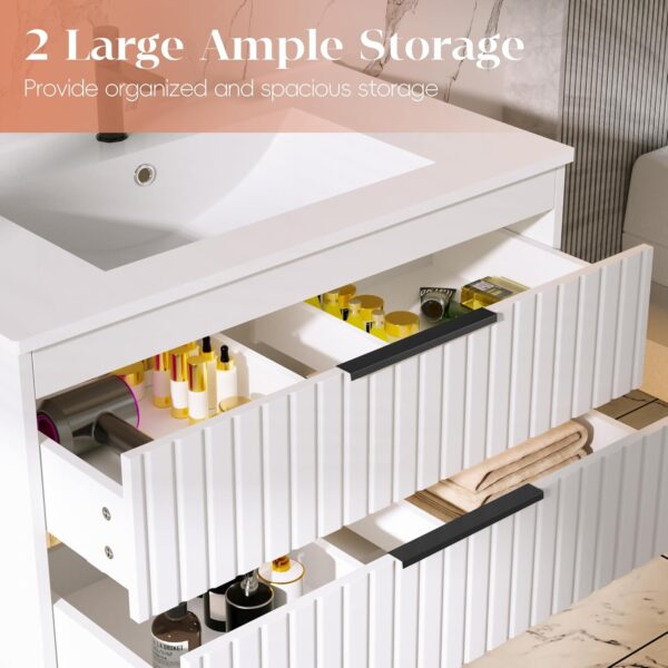 30" Bathroom Vanity with Sink, Floating Vanity Bathroom Sink Cabinet Wall Mount, Soft-Close Function 2 Large Drawers, Grooved Stripe Design, Hidden Damping Drawers, White