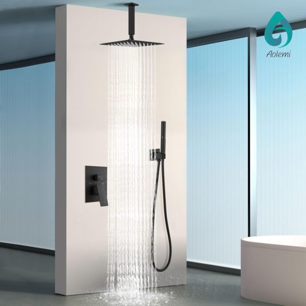 Aolemi Ceiling Mount Shower System with Rainfall Shower Head and Handheld,High Pressure Shower Faucet Set Fixture Combo with 2 in 1 Handheld Spray Rough-in Valve,8 Inch Shower Head Matte Black