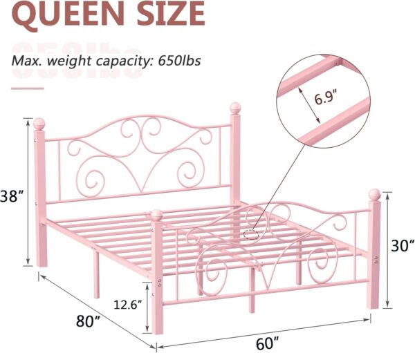 VECELO Queen Size Bed Frame with Headboard and Footboard, Heavy Duty Metal Slat Support, Platform Mattress Foundation, No Box Spring Needed, Easy Assembly, Pink
