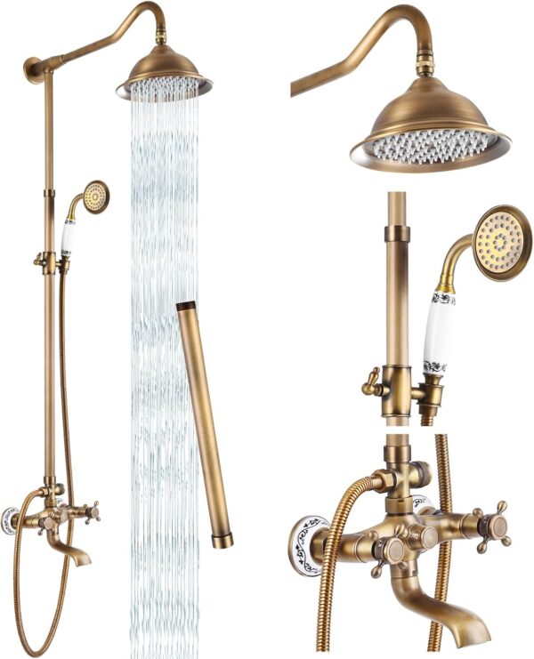 gotonovo Shower Fixture Faucet Set Complete Antique Brass Exposed Pipe Shower System 8 Rain Shower 2 Double Knobs Handle Triple Function Tub Spout Shower Combo Unit Set