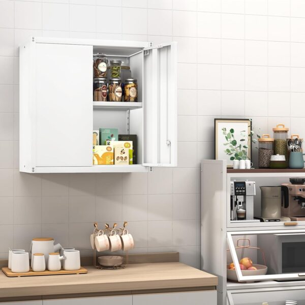 GREATMEET Metal Wall Cabinet, Metal Wall Cabinets for Garage, Wall Mount Cabinet with Lock, Upper Cabinets Wall Mounted, Hanging Utility Cabinet with Adjustable Shelf