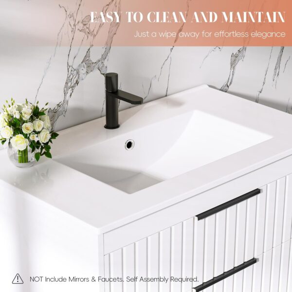 30" Bathroom Vanity with Sink, Floating Vanity Bathroom Sink Cabinet Wall Mount, Soft-Close Function 2 Large Drawers, Grooved Stripe Design, Hidden Damping Drawers, White