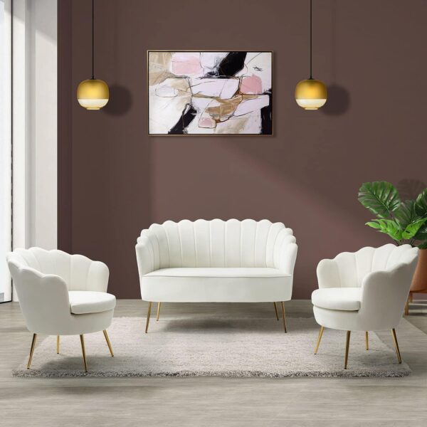 HULALA HOME 3 Piece Velvet Living Room Furniture Set, Including Loveseat & 2 Sofa Chairs, Modern Comfy Upholstered 2-Seater Sofa & Accent Chair Set for Bedroom, Flower Shaped Back & Gold Legs, Ivory