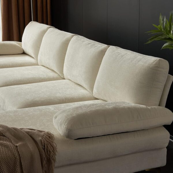 Karl home Convertible Sectional Sofa 110" U-Shape Sofa Couch 4-Seat Couch with Chaise ChenilleFabric Upholstered for Living Room, Apartment, Office, Creamy White