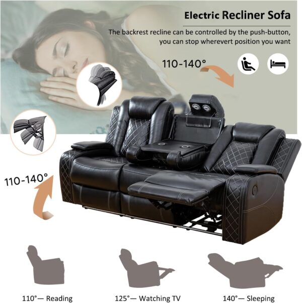 A Ainehome Power Recliner Set, Leather Sectional Sofa Set for Living Room, Home Theater, with LED Lights, Cup Holder, Hide-Away Storage(B-Black,3pcs Sofa Set)