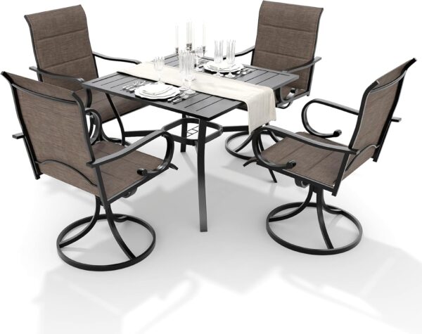 MELLCOM 5-Piece Outdoor Dining Set, 4 Swivel Rocker Chairs with High Back Textilene & Square Metal Dining Table with Umbrella Hole, Patio Furniture Set for Porch, Garden, Backyard, Deck, Brown