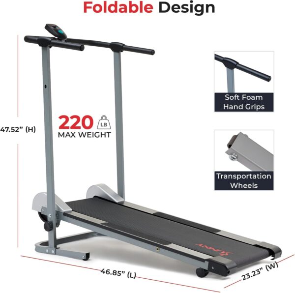 Sunny Health & Fitness Compact & Foldable Treadmill, Non-Slip Surface, Optional Dual Mode Walking/Running, Non-Electric Fixed Incline, Digital Monitor, Smart Bluetooth Connection with SunnyFit App
