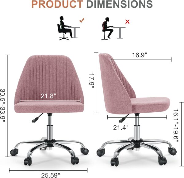 DUMOS Office Desk Chair, Modern Cute Rolling Vanity Swivel Task Chairs with Wheels, Comfortable Back Seat Armless for Home, Bedrooms, Office, Study, Student, Adults, Make-up, Dressing Room, Pink