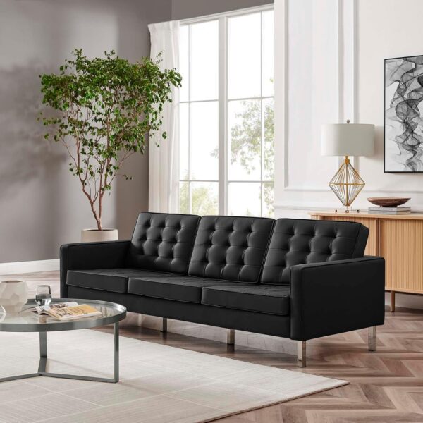 Modway EEI-3385-SLV-BLK Loft Tufted Button Faux Leather Upholstered Sofa in Silver Black
