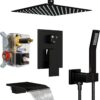 10 Inch Ceiling Mount Shower System with Tub Spout, 10 Inch Shower Faucet Set with Rain Shower Head High Pressure Handheld Spray Rough-in Valve and Shower Trim Included, Matte Black