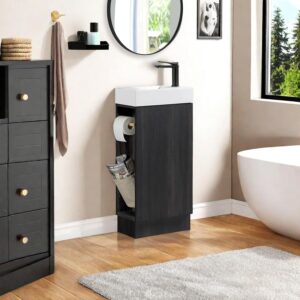 16“ Bathroom Vanity Sink Combo for Small Space, Modern Floor Standing Small Bathroom Vanity with Sink, Bathroom Cabinet Set with 2 Toilet Paper Holders, Black Wallnut