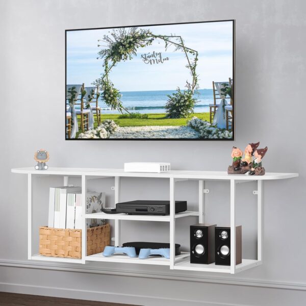 BTY Floating TV Stand for 50" TV Wall Mounted Entertainment Center with 3 Tier Open Storage Shelf, Wooden Media Console for Living Room, Bedroom, Under TV Shelf, White