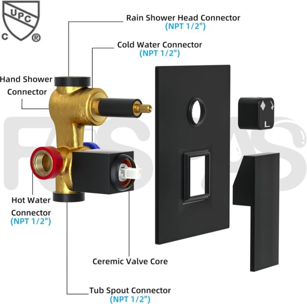 12 Inch Ceiling Mount Shower System with Tub Spout, 12 Inch Shower Faucet Set with Rain Shower Head High Pressure Handheld Spray Rough-in Valve and Shower Trim Included, Matte Black