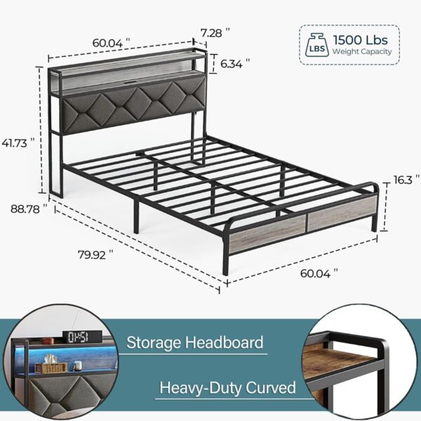 LINSY HOME Queen Bed Frame, Upholstered Platform Frame with Storage Headboard, Metal Queen Size Bed Frames with LED and Charging Station, No Box Spring Needed, Easy Assembly, Rustic Grey