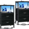 Furologee Nightstands Set of 2, End Tables with Charging Station and LED Lights, Black Night Stands with 2 Fabric Drawers, Bedside Tables Set of 2 for Living Room/Bedroom,Black Oak