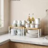 SONGMICS Cabinet Organizer Shelf, Set of 2 Kitchen Counter Shelves, Kitchen Storage, Spice Rack, Stackable, Expandable, Metal and Engineered Wood, Cloud White and Natural Beige UKCS02NW