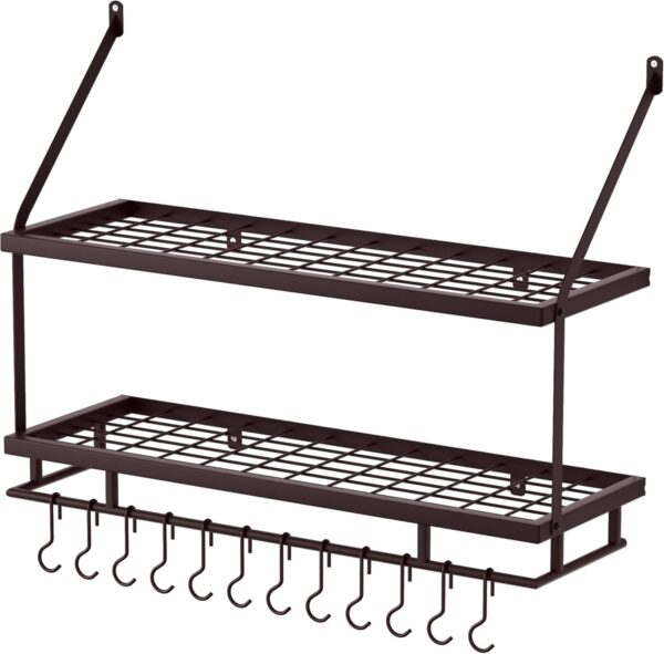 KES 30-Inch Oiled Bronze Pot Rack Wall Mounted, 2-Tier Hanging Pot and Pan Organizer with 12 Sturdy Hooks, Kitchen Wall Hanger Shelves Farmhouse Style, KUR215S75B-OB
