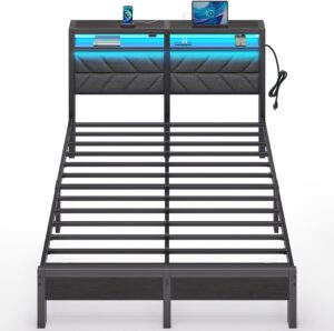 Seventable Bed Frame Queen Size with Charging Station, LED Bed with Upholstered Storage Headboard, Metal Platform Bed with Under Bed Storage, No Box Spring Needed, Noise Free, Easy Assembly, Grey