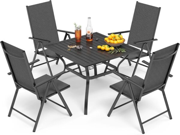 719wGIUa4NL._AC_SL1500_.jpg PHI VILLA 5 Pcs Patio Dining Set with Patio Table and Chairs, Outdoor Dining Set for 4 with Adjustable Patio Folding Chairs & Square Patio Dining Table with 1.57" Umbrella Hole, Black