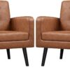 Yaheetech Mid-Century Accent Chairs, PU Leather Modern Upholstered Living Room Chair, Cozy Armchair Button Tufted Back and Wood Legs for Bedroom/Office/Cafe, Retro Brown 2 PCS