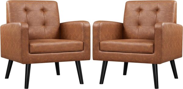 Yaheetech Mid-Century Accent Chairs, PU Leather Modern Upholstered Living Room Chair, Cozy Armchair Button Tufted Back and Wood Legs for Bedroom/Office/Cafe, Retro Brown 2 PCS
